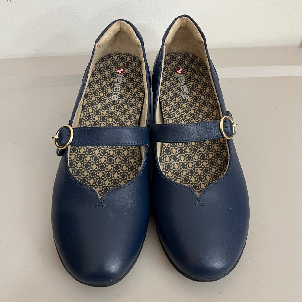 Revere Sicily Mary Jane Shoes 8M Blue Leather Wedge Comfort Career Academia